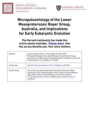 Micropaleontology of the Lower Mesoproterozoic Roper Group, Australia, and Implications for Early Eukaryotic Evolution