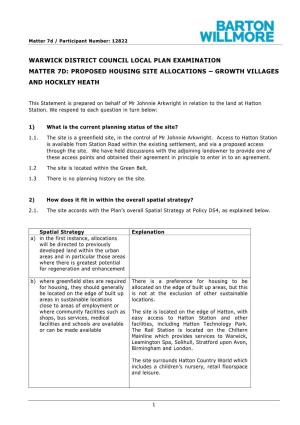 Warwick District Council Local Plan Examination Matter 7D: Proposed Housing Site Allocations – Growth Villages and Hockley Heath