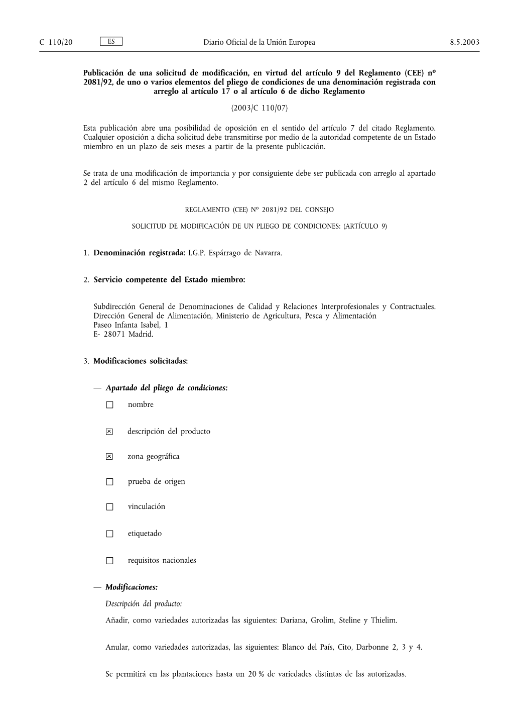 Publicación Solicitud Modificación Pliego De Condiciones (DOUE C