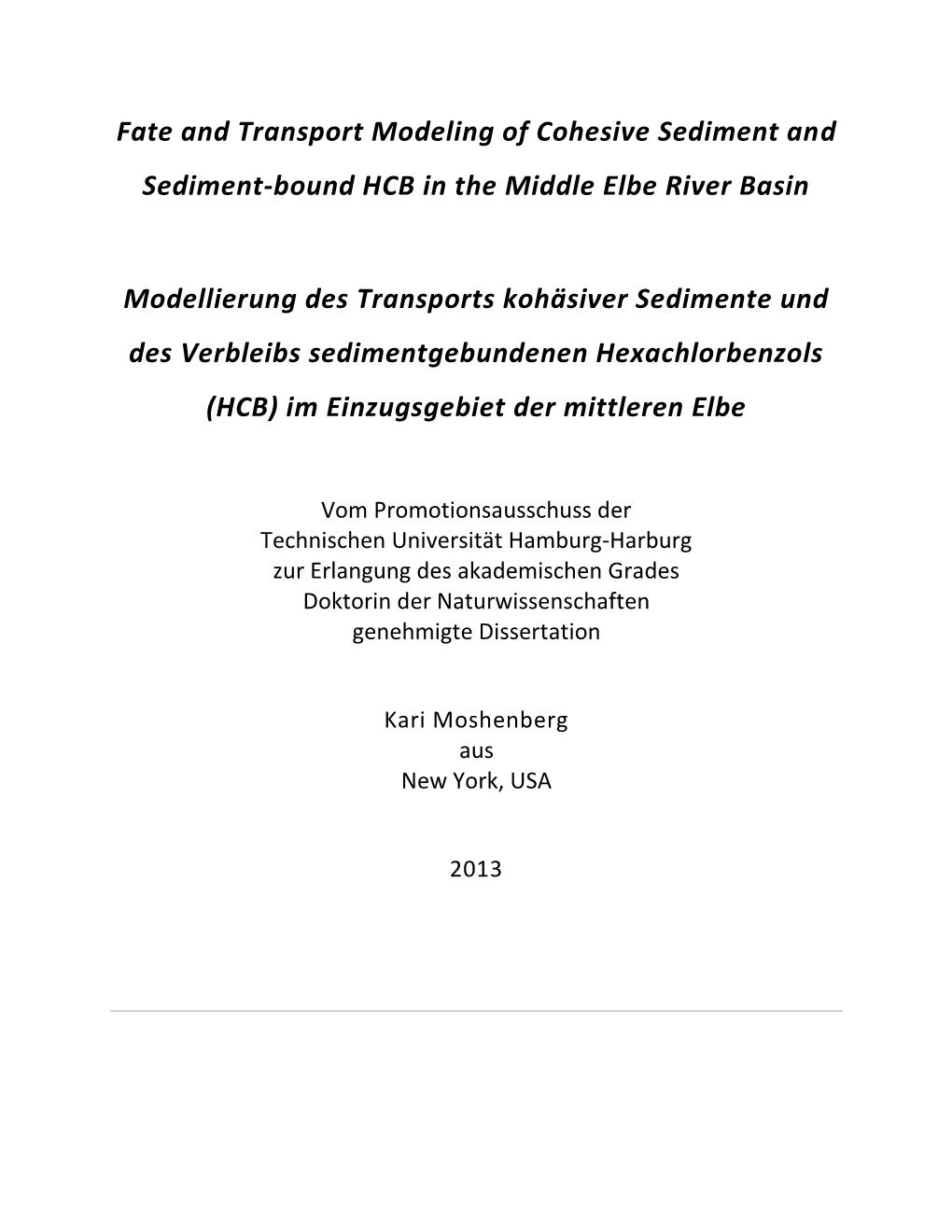 Fate and Transport Modeling of Cohesive Sediment and Sediment-Bound HCB in the Middle Elbe River Basin