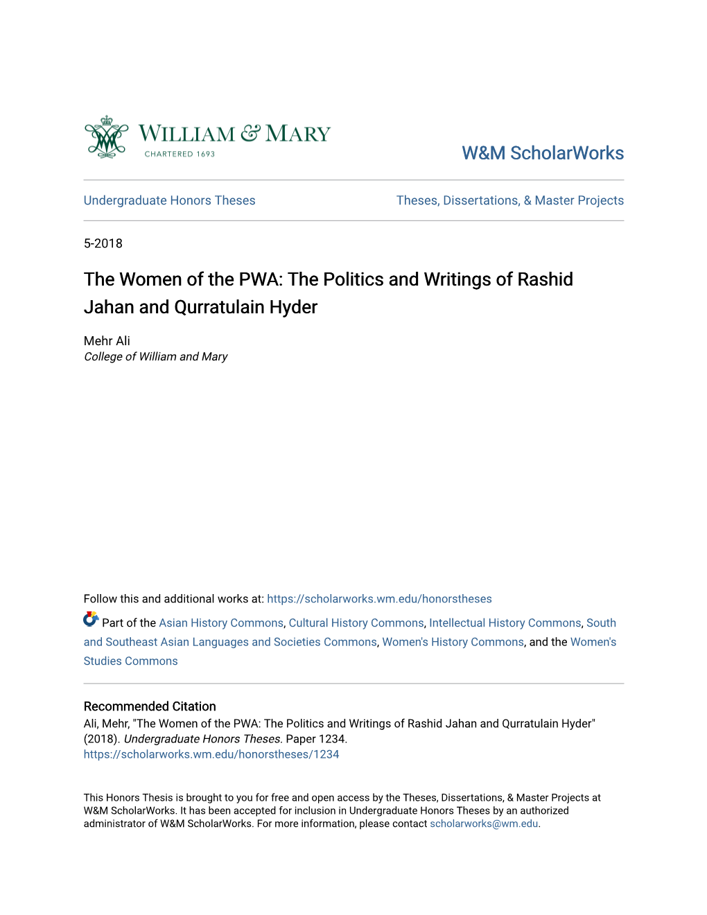 The Women of the PWA: the Politics and Writings of Rashid Jahan and Qurratulain Hyder