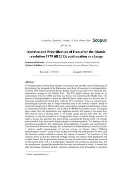 America and Securitization of Iran After the Islamic Revolution 1979 Till 2013; Continuation Or Change