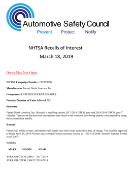 NHTSA Recalls of Interest March 18, 2019