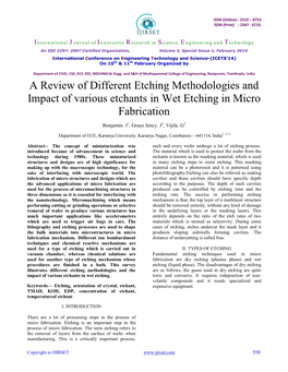 A Review of Different Etching Methodologies and Impact of Various Etchants in Wet Etching in Micro Fabrication