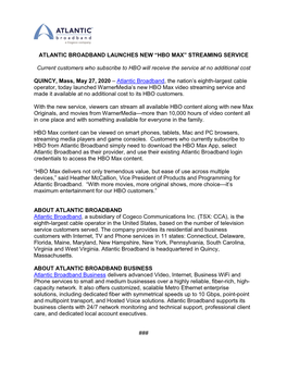 Atlantic Broadband Launches New “Hbo Max” Streaming Service