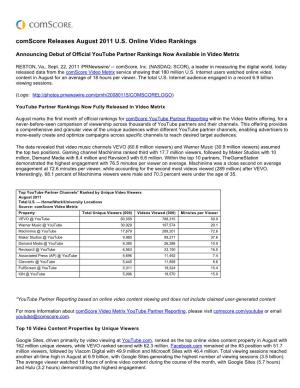 Comscore Releases August 2011 U.S. Online Video Rankings