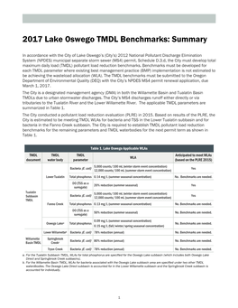 2017 Lake Oswego TMDL Benchmarks: Summary