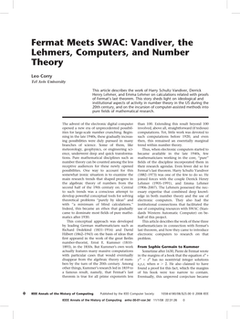 Fermat Meets SWAC: Vandiver, the Lehmers, Computers, and Number Theory