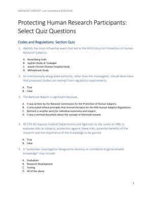 Protecting Human Research Participants: Select Quiz Questions