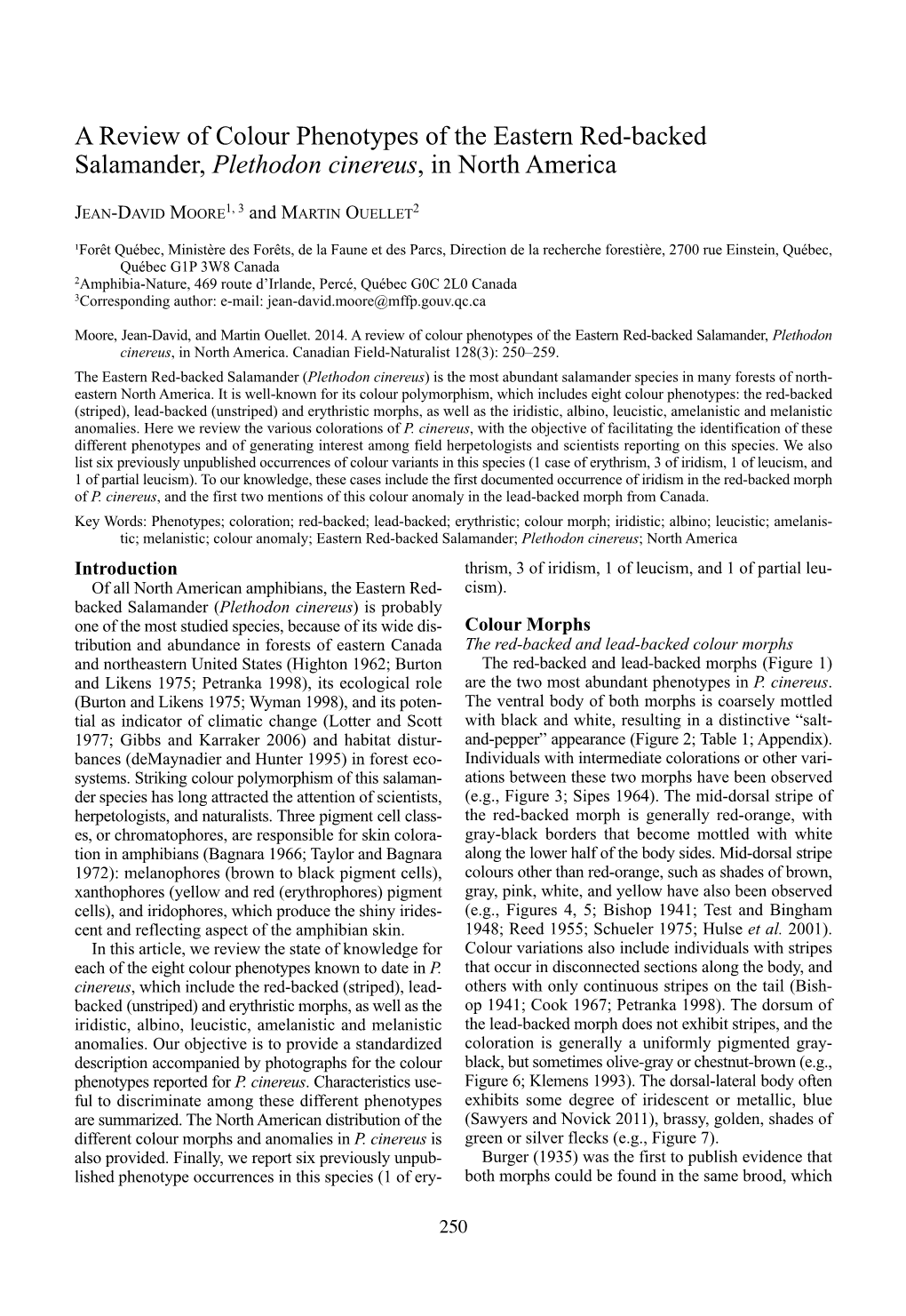 A Review of Colour Phenotypes of the Eastern Red-Backed Salamander, Plethodon Cinereus, in North America