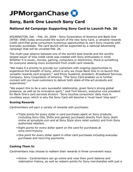 Sony, Bank One Launch Sony Card