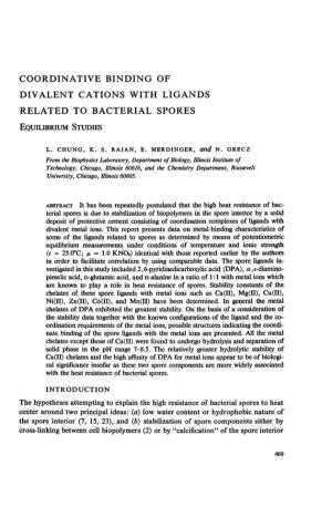 Coordinative Binding of Divalent Cations with Ligands Related to Bacterial Spores Equilibrium Studies