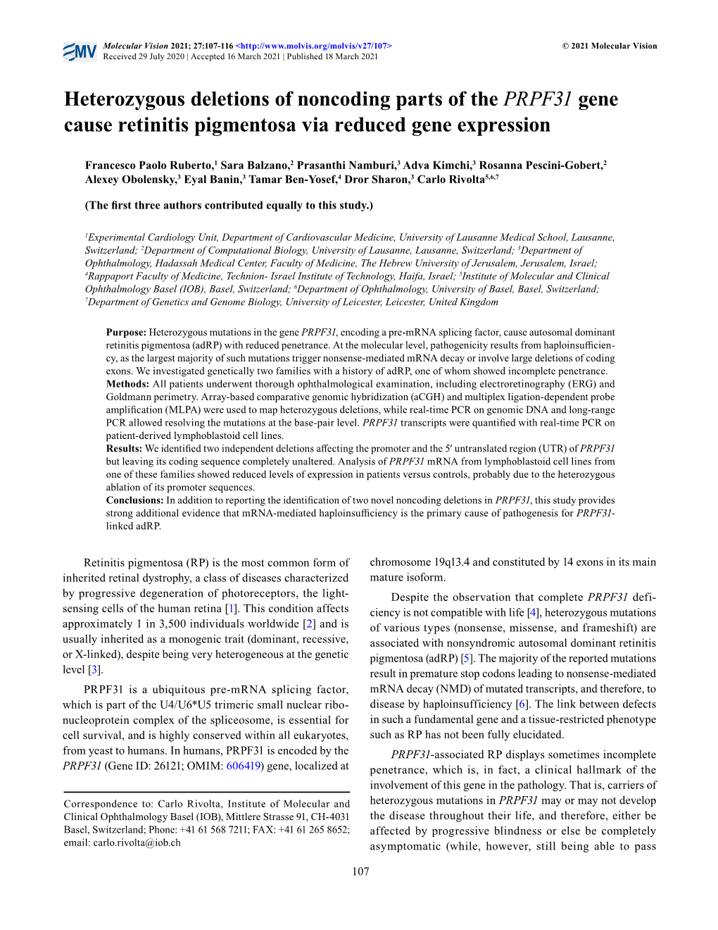 Heterozygous Deletions of Noncoding Parts of the PRPF31 Gene Cause Retinitis Pigmentosa Via Reduced Gene Expression