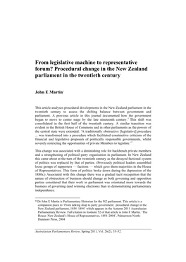 From Legislative Machine to Representative Forum? Procedural Change in the New Zealand Parliament in the Twentieth Century