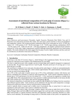 Assessment of Nutritional Composition of Carob Pulp (Ceratonia Siliqua L.) Collected from Various Locations in Morocco
