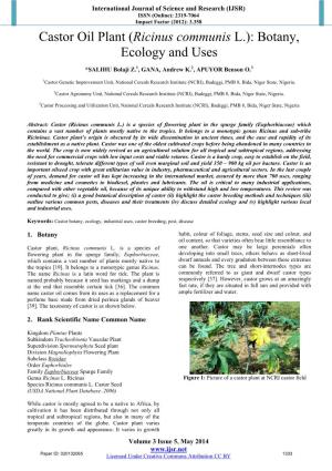 Castor Oil Plant (Ricinus Communis L.): Botany, Ecology and Uses