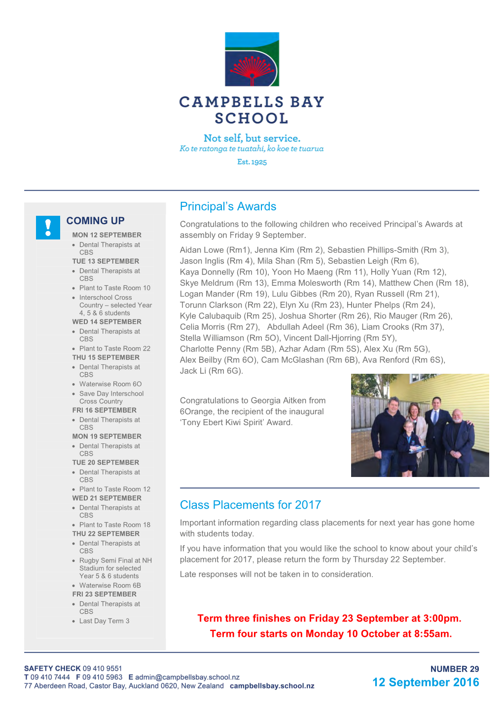12 September 2016 Principal's Awards Class Placements for 2017