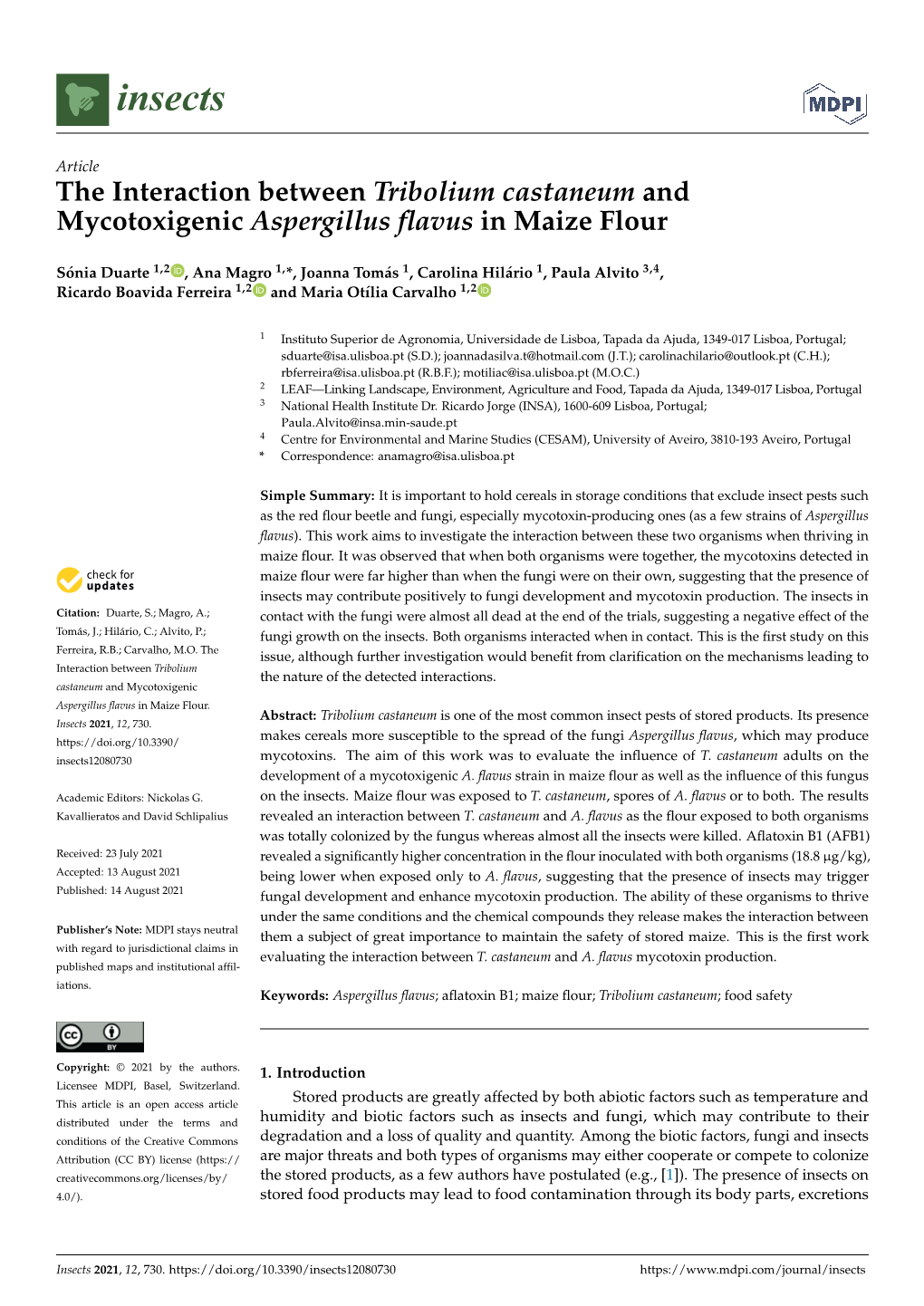 The Interaction Between Tribolium Castaneum and Mycotoxigenic Aspergillus ﬂavus in Maize Flour