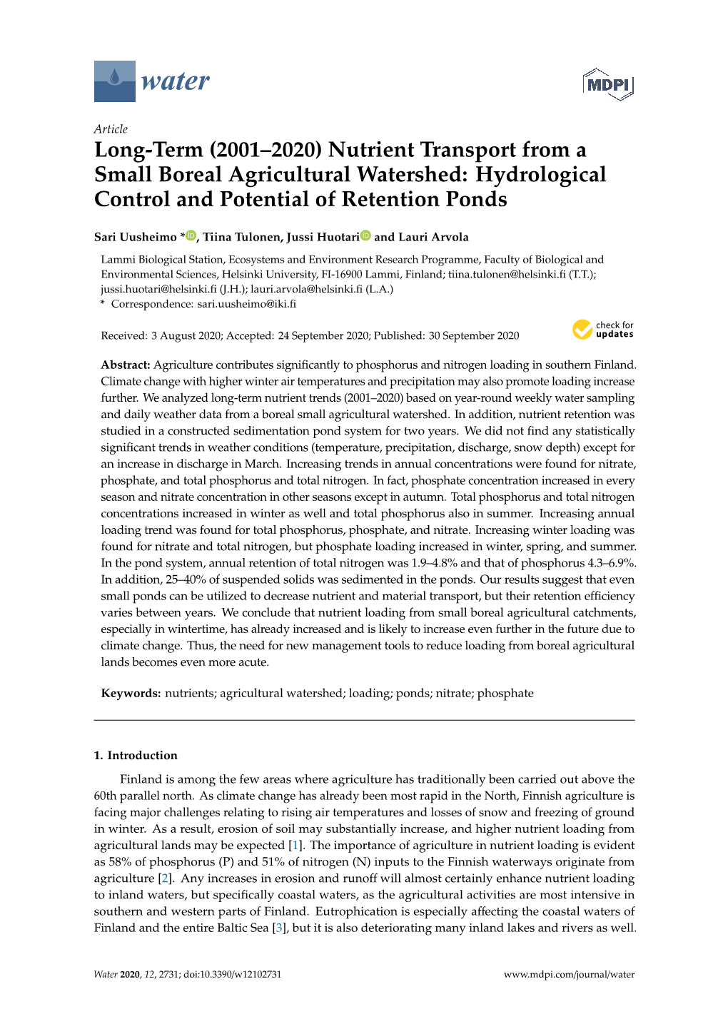 Nutrient Transport from a Small Boreal Agricultural Watershed: Hydrological Control and Potential of Retention Ponds