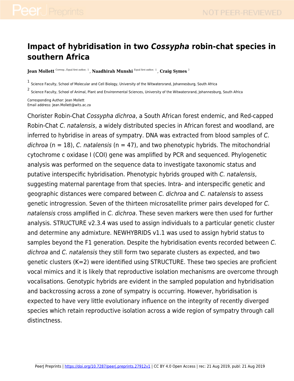 Impact of Hybridisation in Two [I]Cossypha[I] Robin-Chat Species In