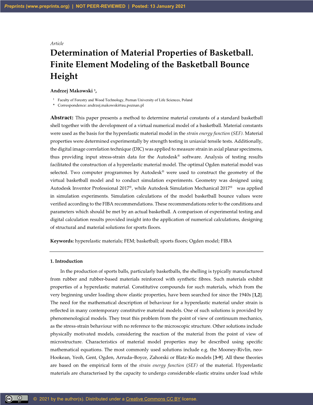 Determination of Material Properties of Basketball. Finite Element Modeling of the Basketball Bounce Height