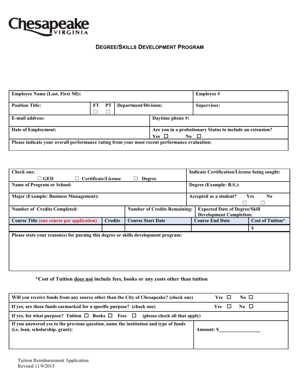 Tuition Reimbursement Program Application Rev112015