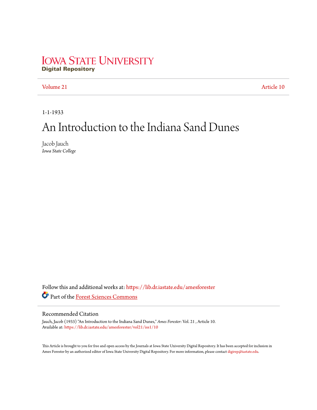 An Introduction to the Indiana Sand Dunes Jacob Jauch Iowa State College