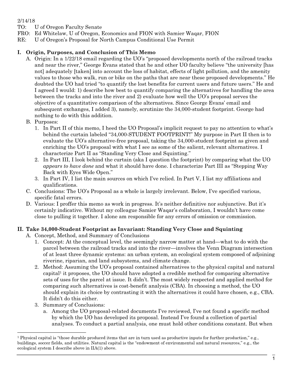 2/14/18 TO: U of Oregon Faculty Senate FRO: Ed Whitelaw, U Of