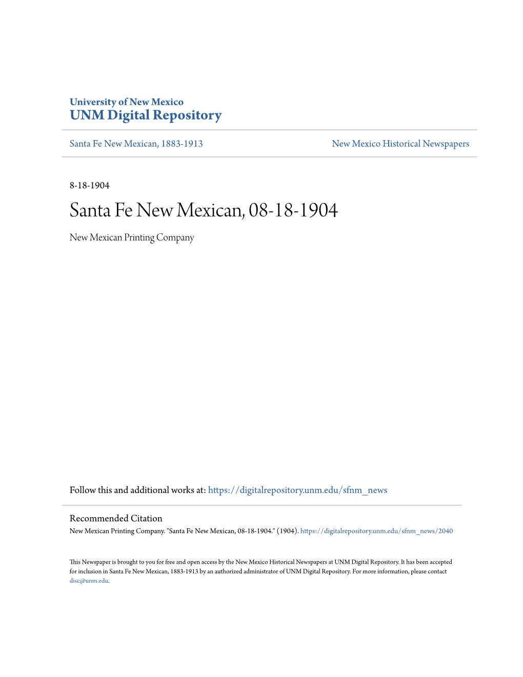 Santa Fe New Mexican, 08-18-1904 New Mexican Printing Company