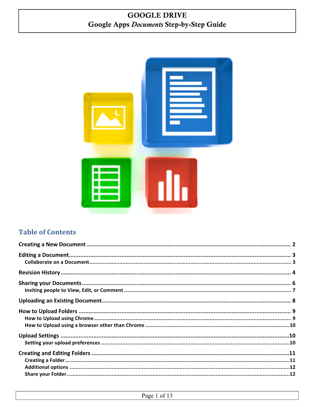 GOOGLE DRIVE Google Apps Documents Step-By-Step Guide Table of Contents