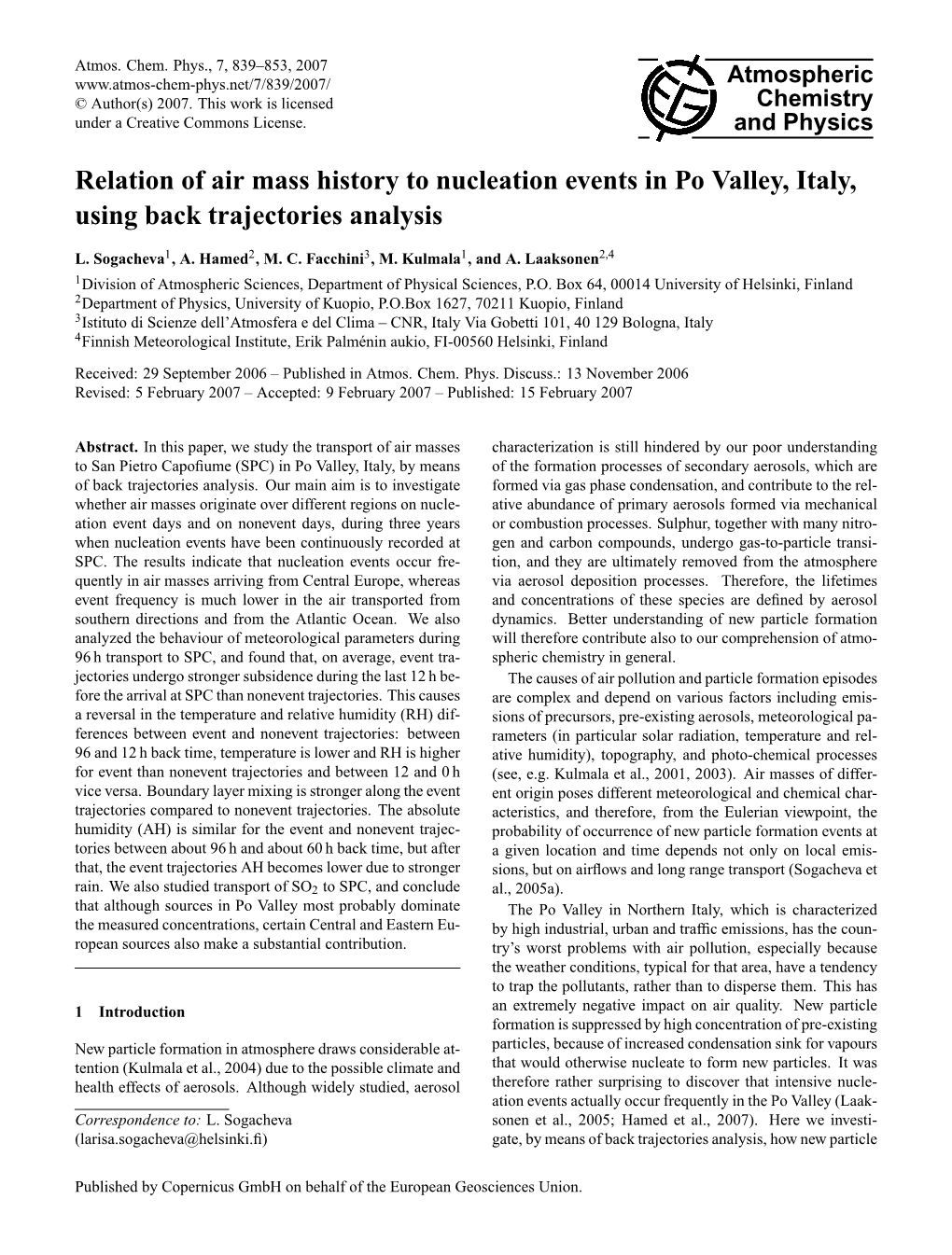 Relation of Air Mass History to Nucleation Events in Po Valley, Italy, Using Back Trajectories Analysis