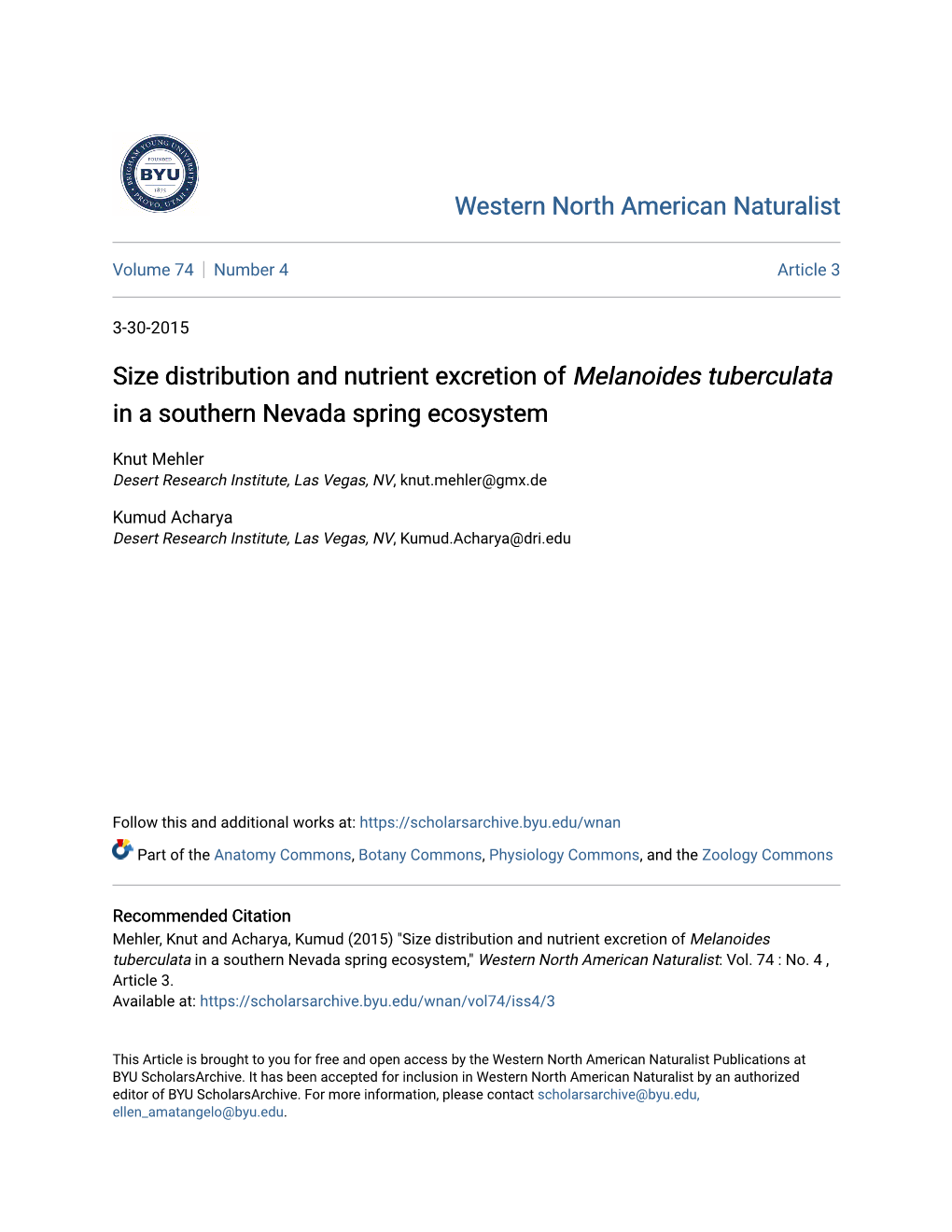 Size Distribution and Nutrient Excretion of Melanoides Tuberculata in a Southern Nevada Spring Ecosystem