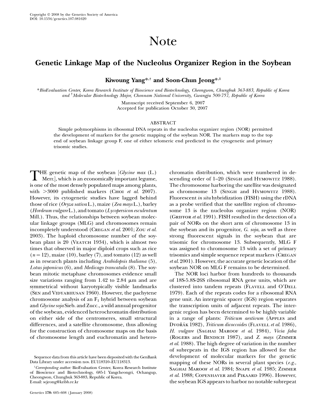 Genetic Linkage Map of the Nucleolus Organizer Region in the Soybean