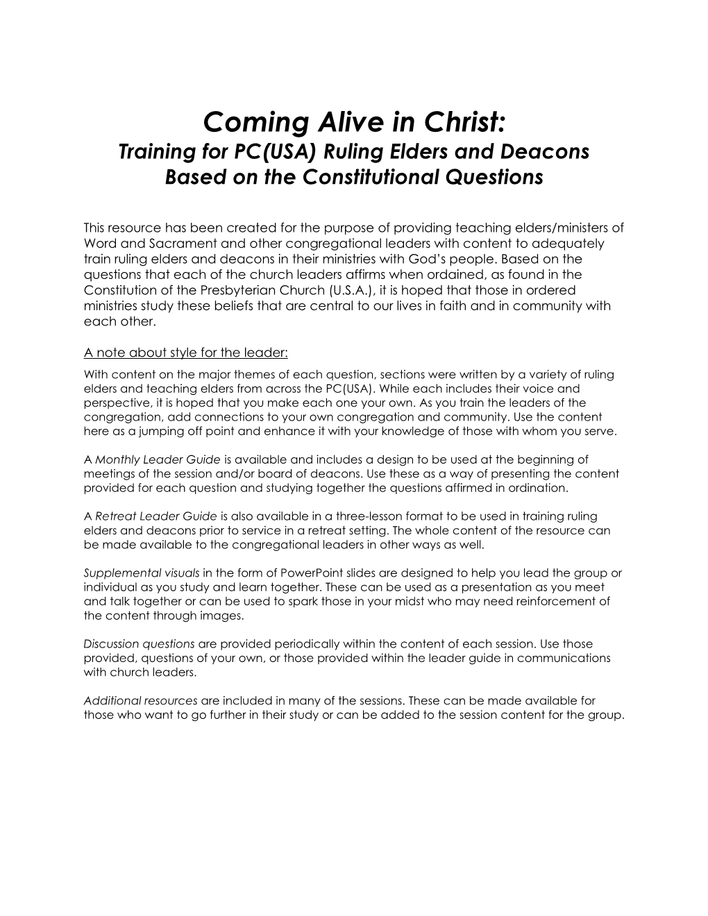 Coming Alive in Christ: Training for PC(USA) Ruling Elders and Deacons Based on the Constitutional Questions