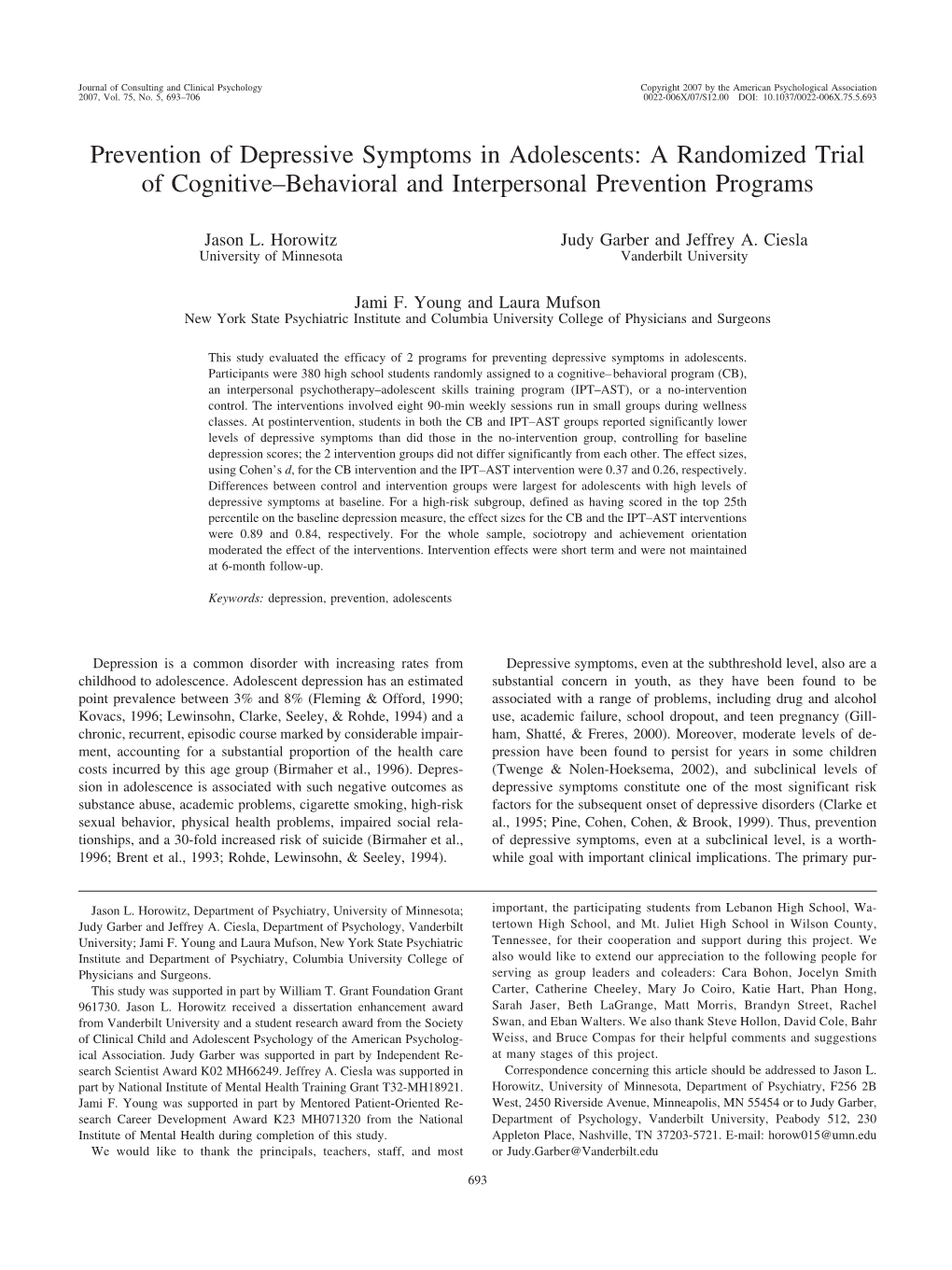 Prevention of Depressive Symptoms in Adolescents: a Randomized Trial of Cognitive–Behavioral and Interpersonal Prevention Programs