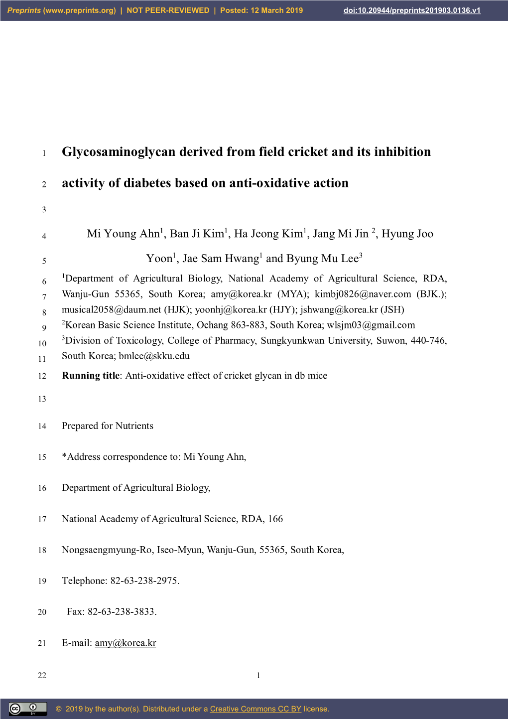 Glycosaminoglycan Derived from Field Cricket and Its Inhibition Activity of Diabetes Based on Anti-Oxidative Action