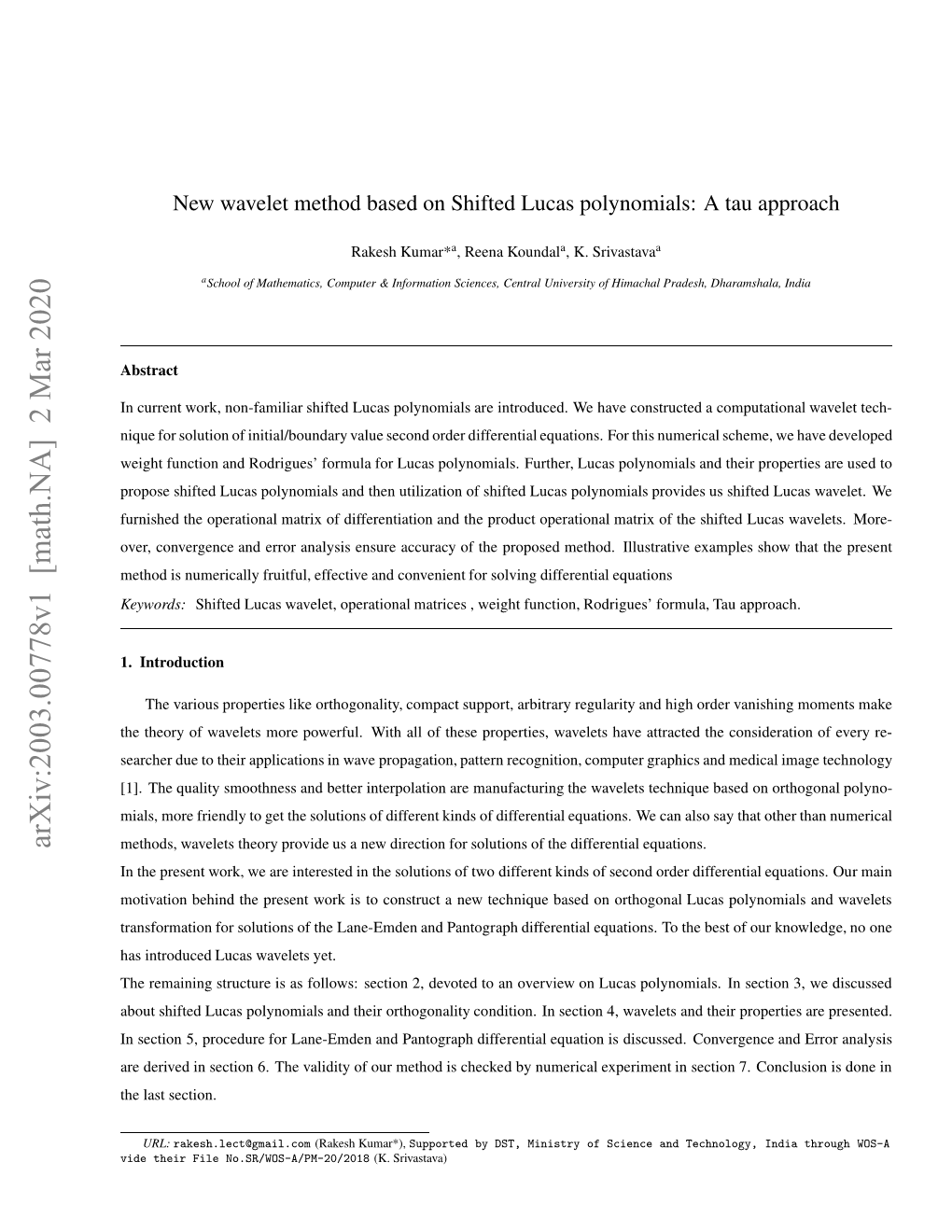 Arxiv:2003.00778V1 [Math.NA] 2 Mar 2020 Rpitsbitdt Elsevier to Submitted Preprint No.SR/WOS-A/PM-20/2018 File Their Vide .Introduction 1