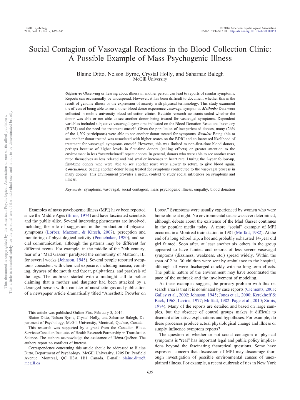 Social Contagion of Vasovagal Reactions in the Blood Collection Clinic: a Possible Example of Mass Psychogenic Illness