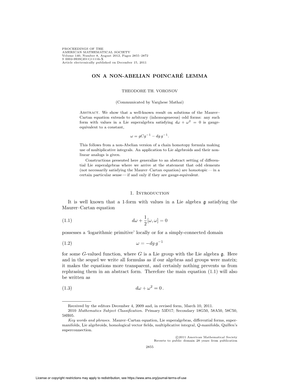 ON a NON-ABELIAN POINCARÉ LEMMA 1. Introduction It Is Well