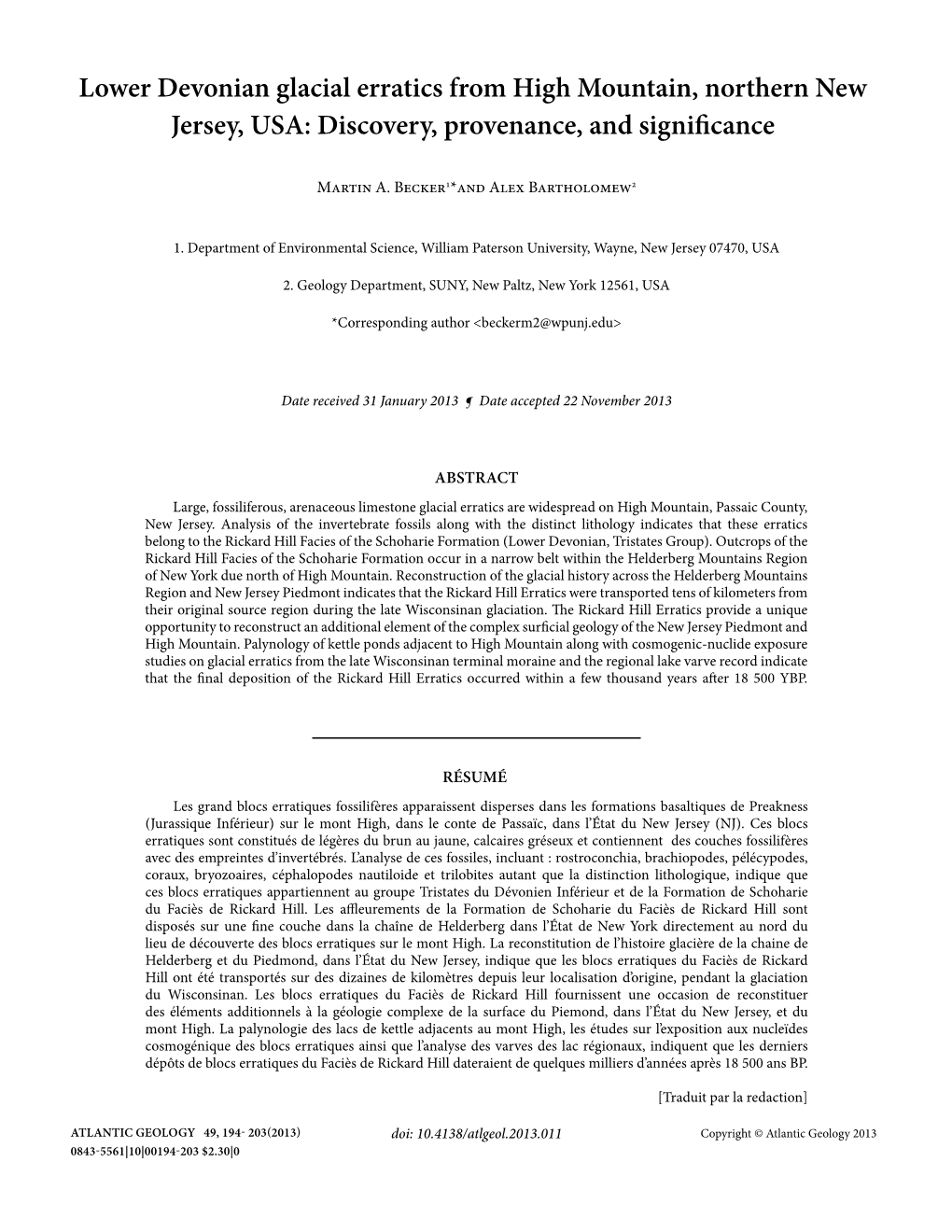 Lower Devonian Glacial Erratics from High Mountain, Northern New Jersey, USA: Discovery, Provenance, and Significance