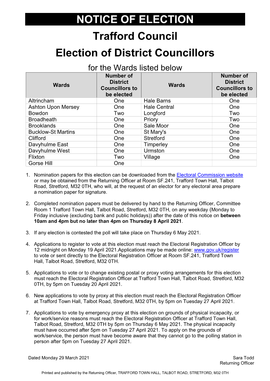 NOTICE of ELECTION Trafford Council Election of District Councillors