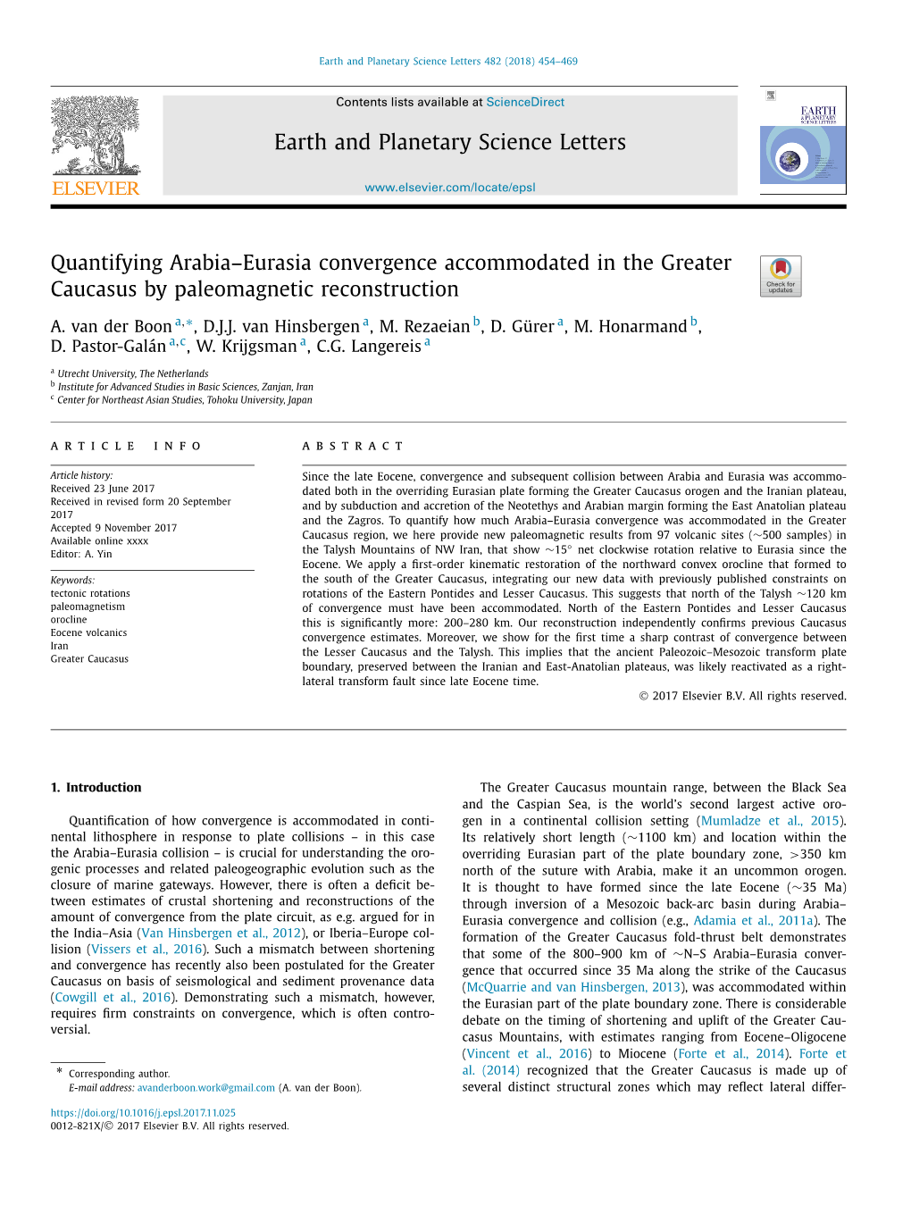 Quantifying Arabia–Eurasia Convergence Accommodated in the Greater Caucasus by Paleomagnetic Reconstruction ∗ A