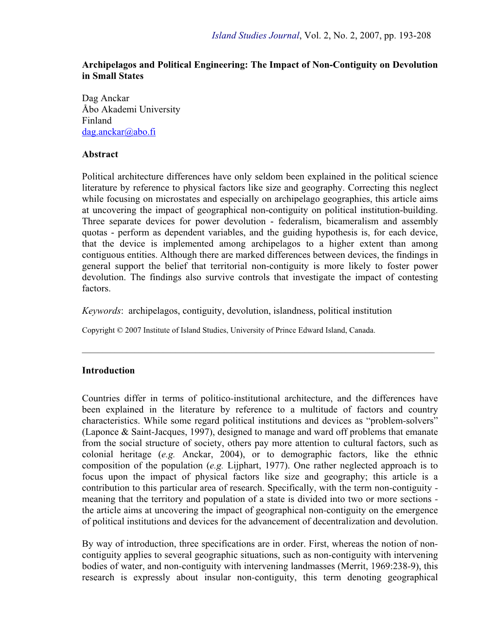 The Impact of Non-Contiguity on Devolution in Small States