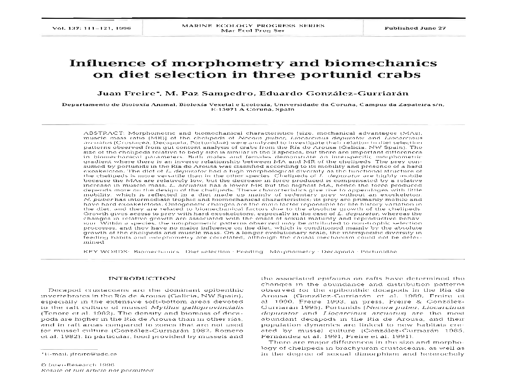 Influence of Morphometry and Biomechanics on Diet Selection in Three Portunid Crabs