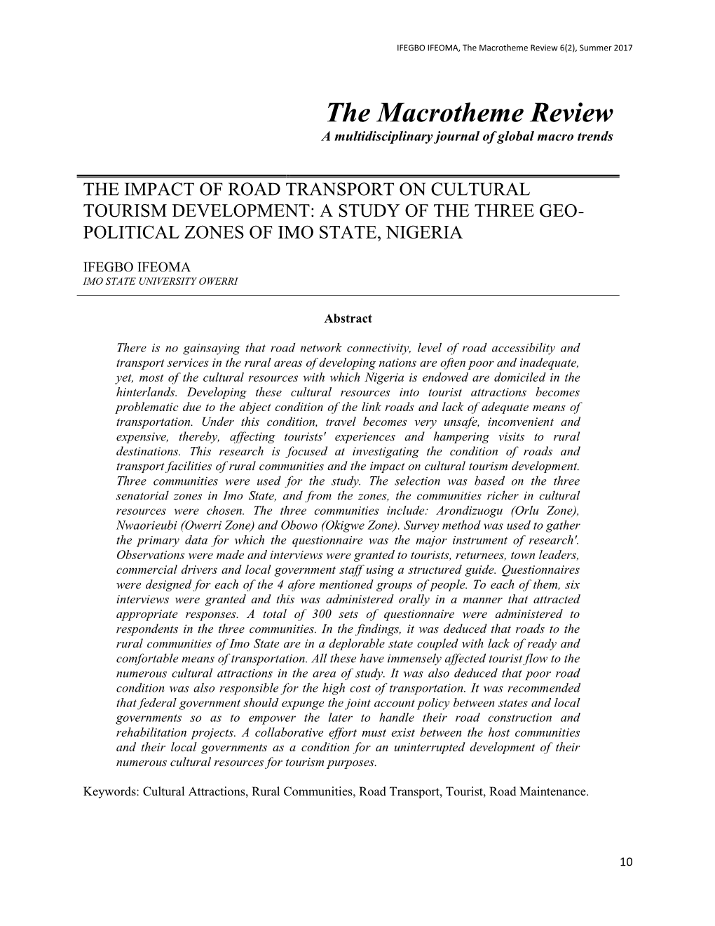 The Impact of Road Transport on Cultural Tourism Development: a Study of the Three Geo- Political Zones of Imo State, Nigeria