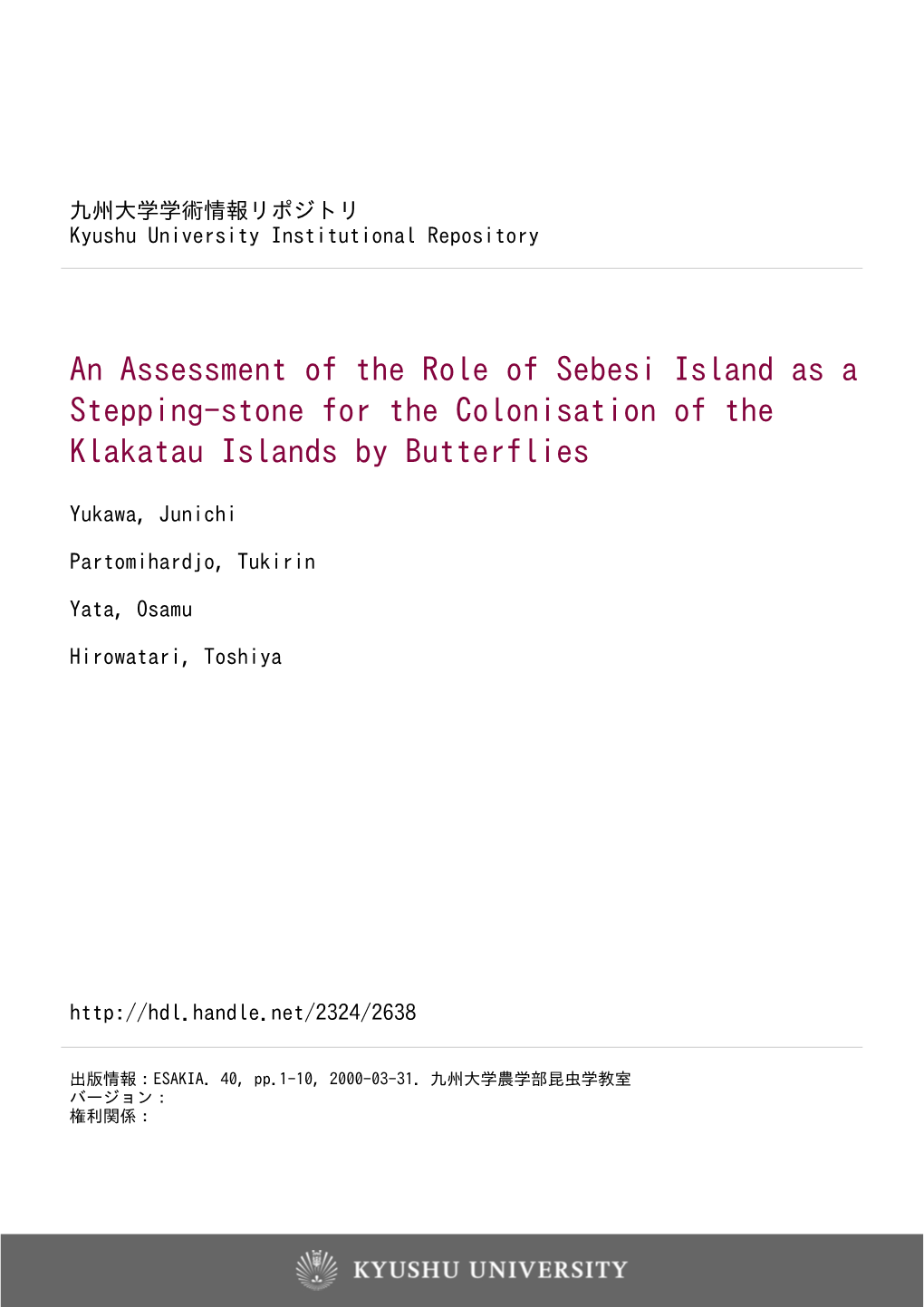 An Assessment of the Role of Sebesi Island As a Stepping-Stone for the Colonisation of the Klakatau Islands by Butterflies