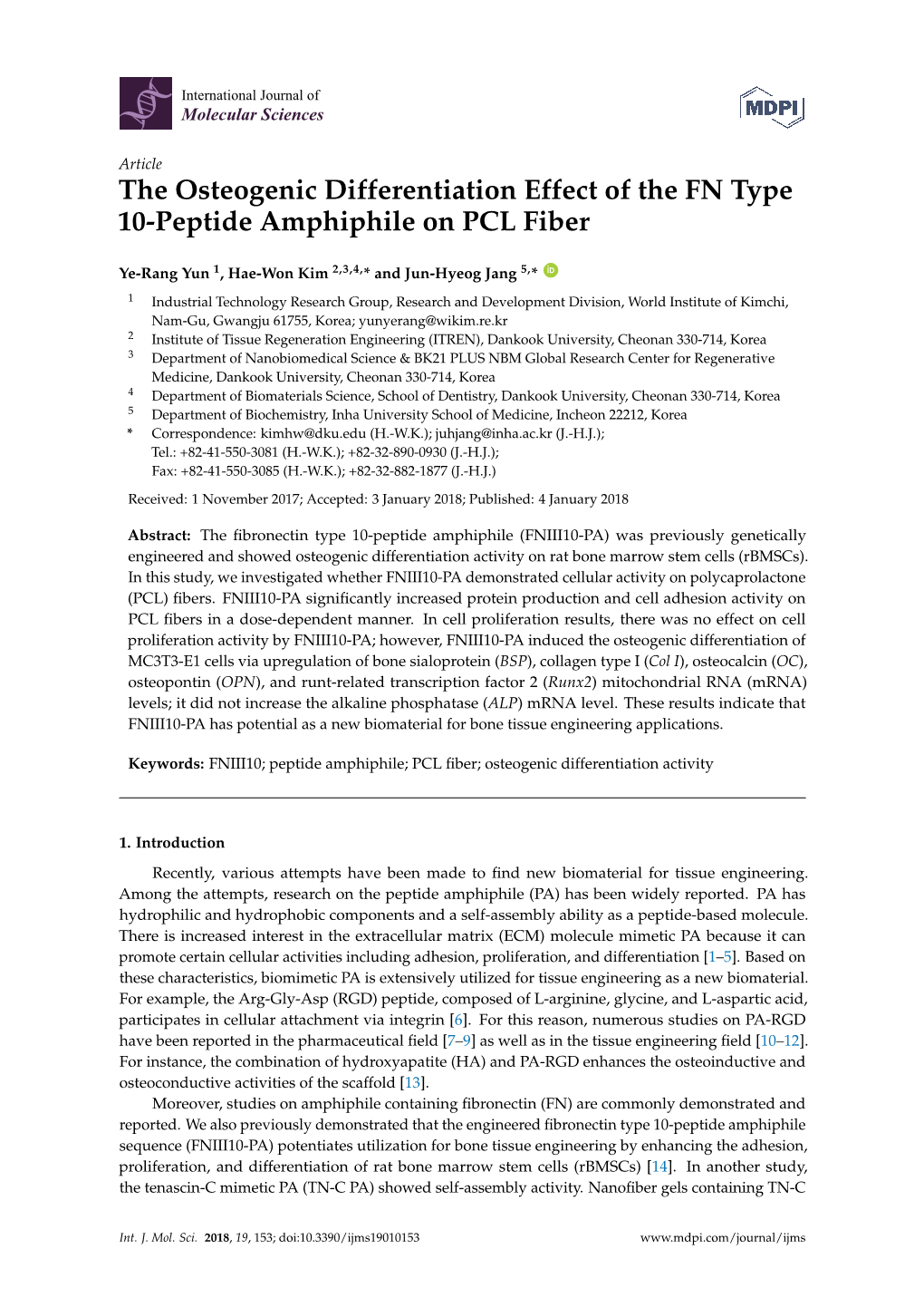 The Osteogenic Differentiation Effect of the FN Type 10-Peptide Amphiphile on PCL Fiber