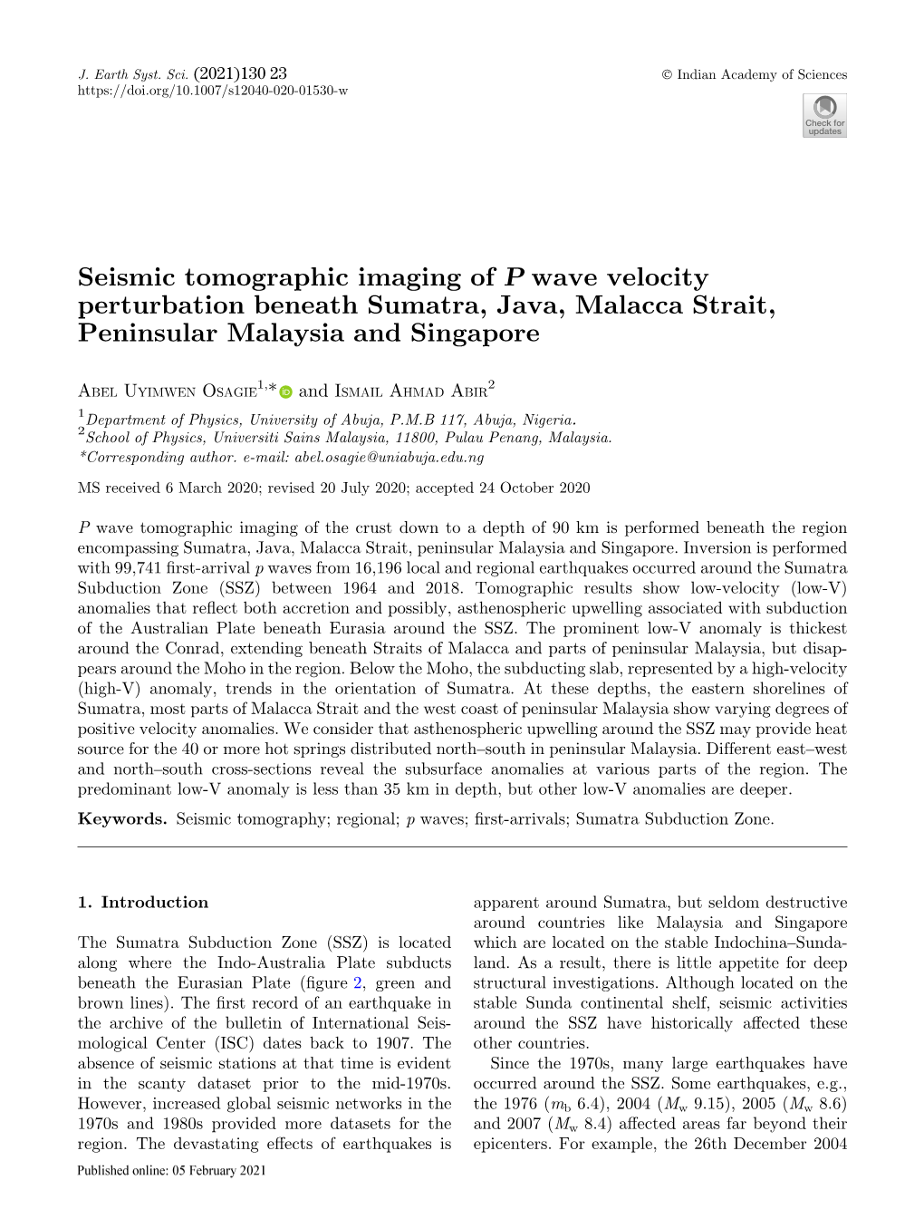 Seismic Tomographic Imaging of P Wave Velocity Perturbation Beneath Sumatra, Java, Malacca Strait, Peninsular Malaysia and Singapore