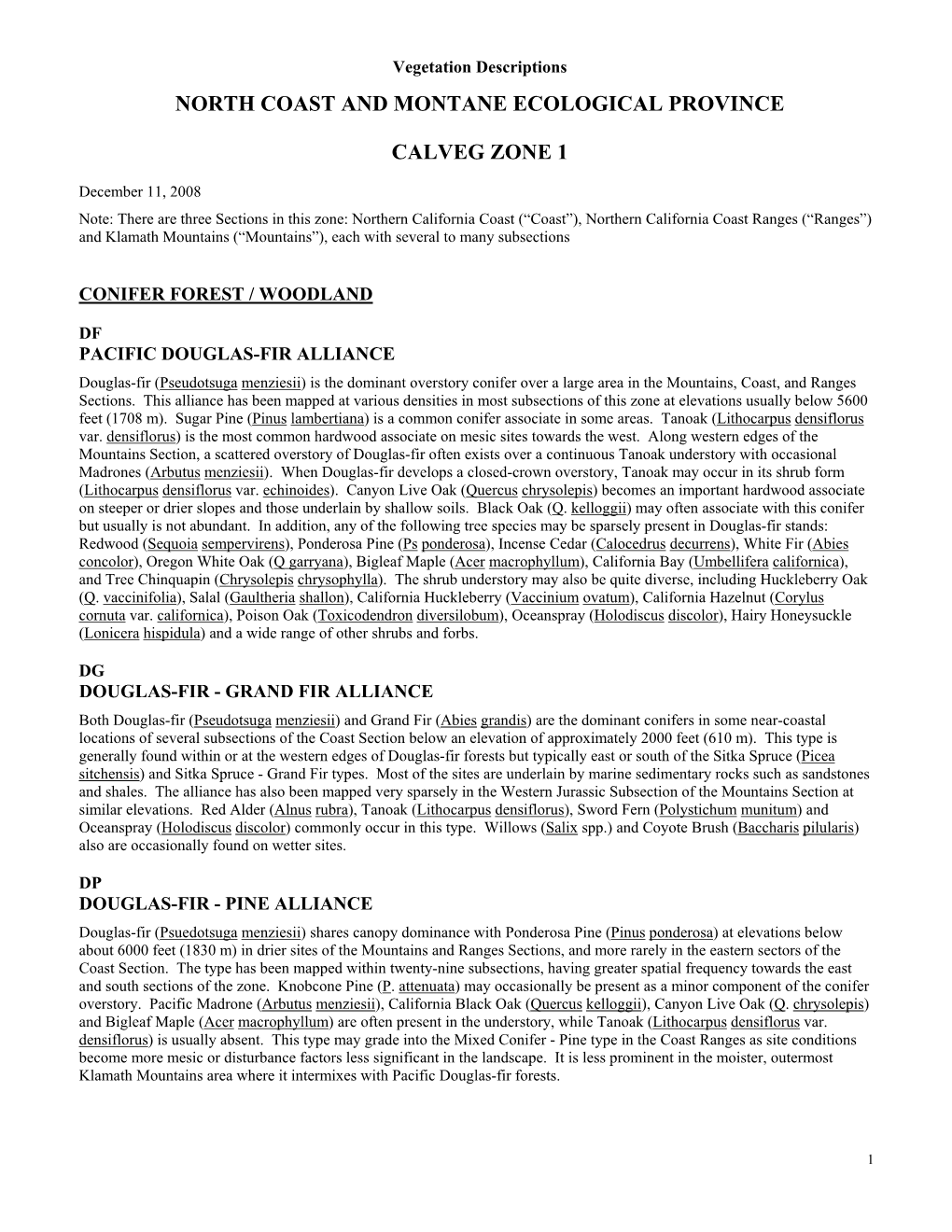 Vegetation Descriptions NORTH COAST and MONTANE ECOLOGICAL PROVINCE