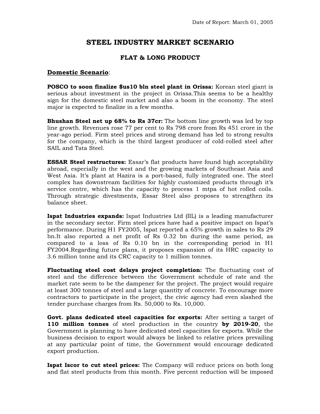 Steel Industry Market Scenario